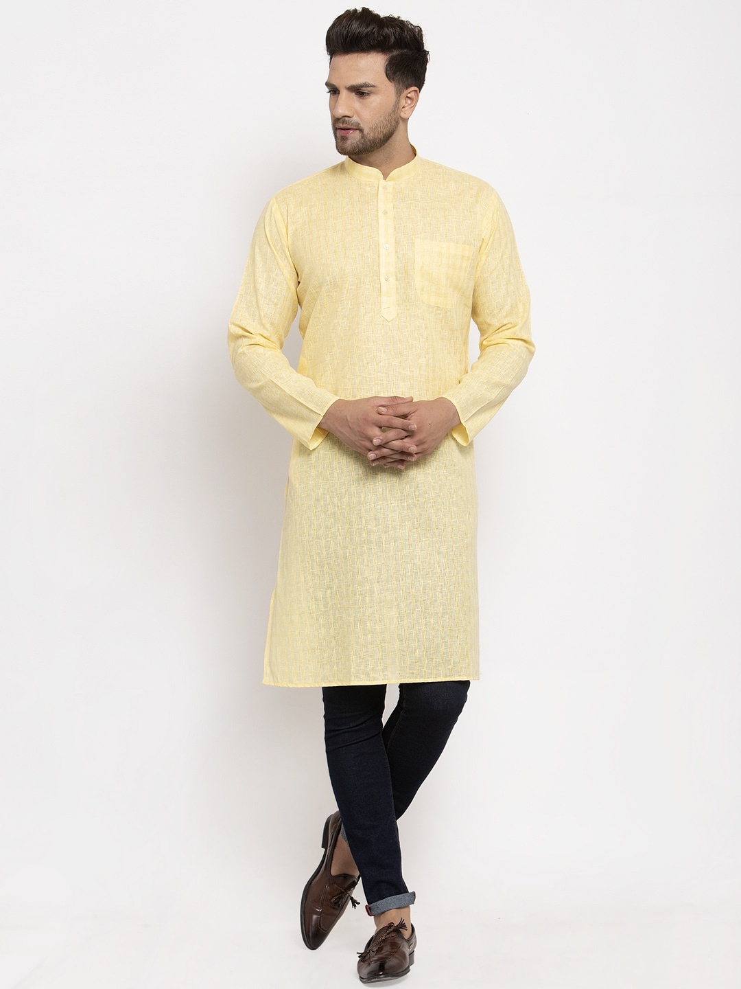 

KRAFT INDIA Men Yellow Checked Straight Kurta
