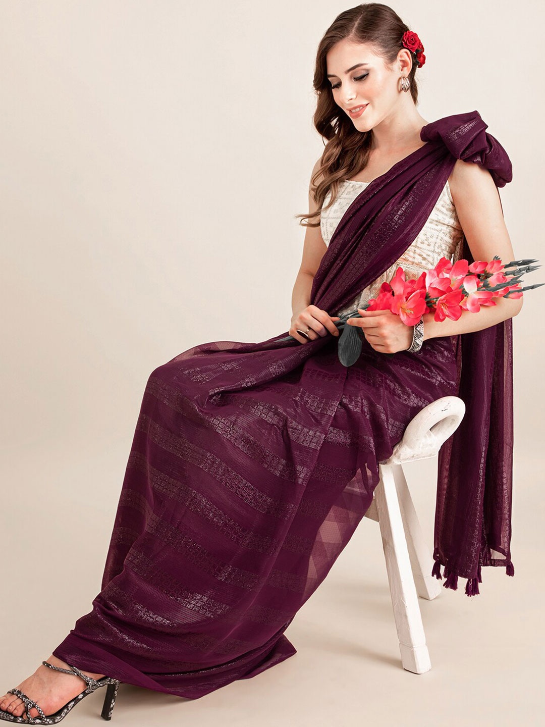 

Sangria Burgundy Poly Georgette Embellished Sequinned Saree