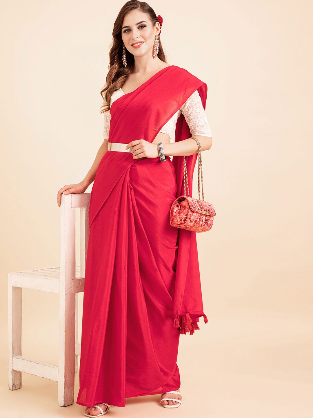 

Sangria Red Poly Chiffon Solid Work Saree