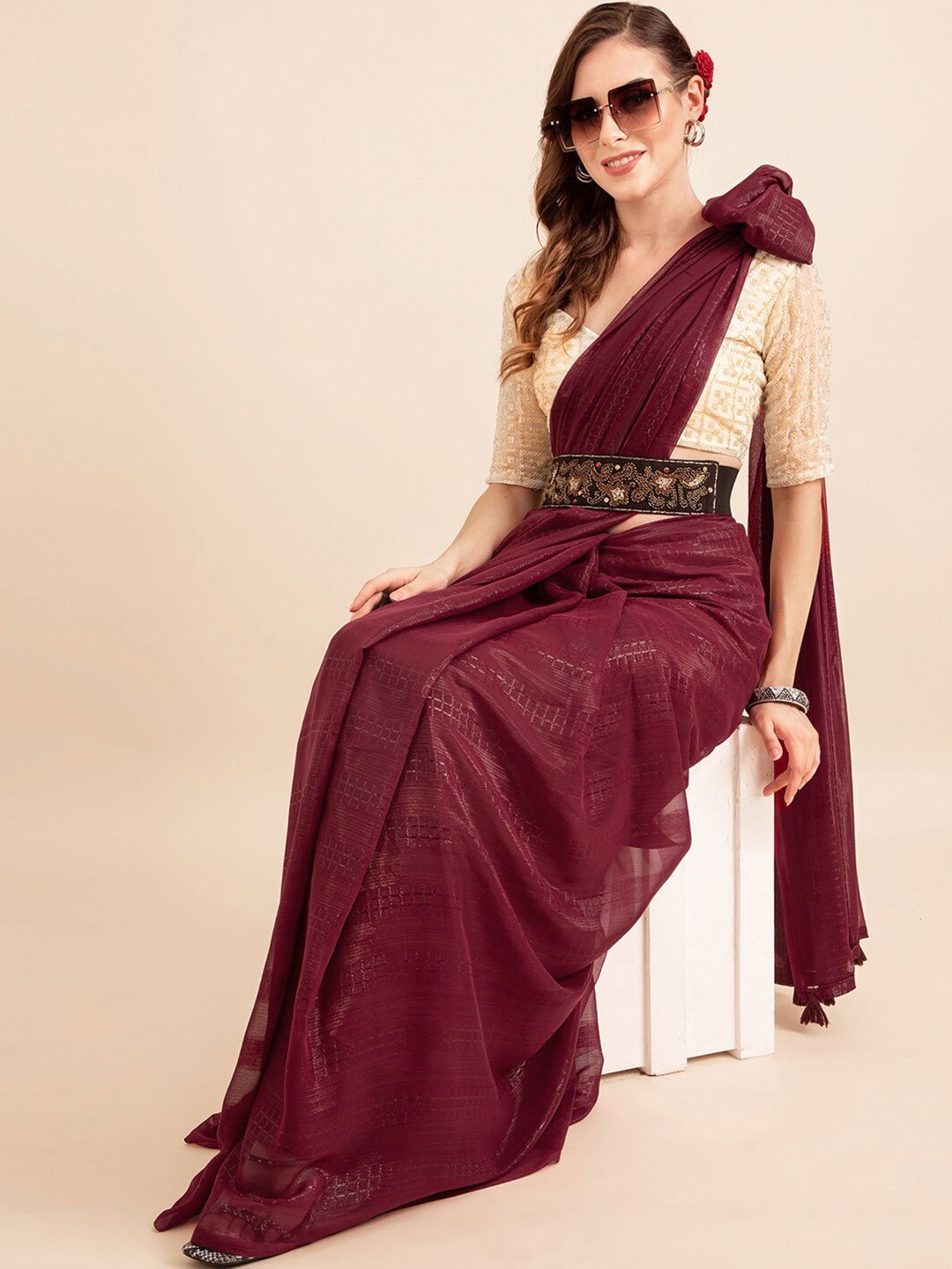 

Sangria Maroon Poly Georgette Embellished Sequinned Saree