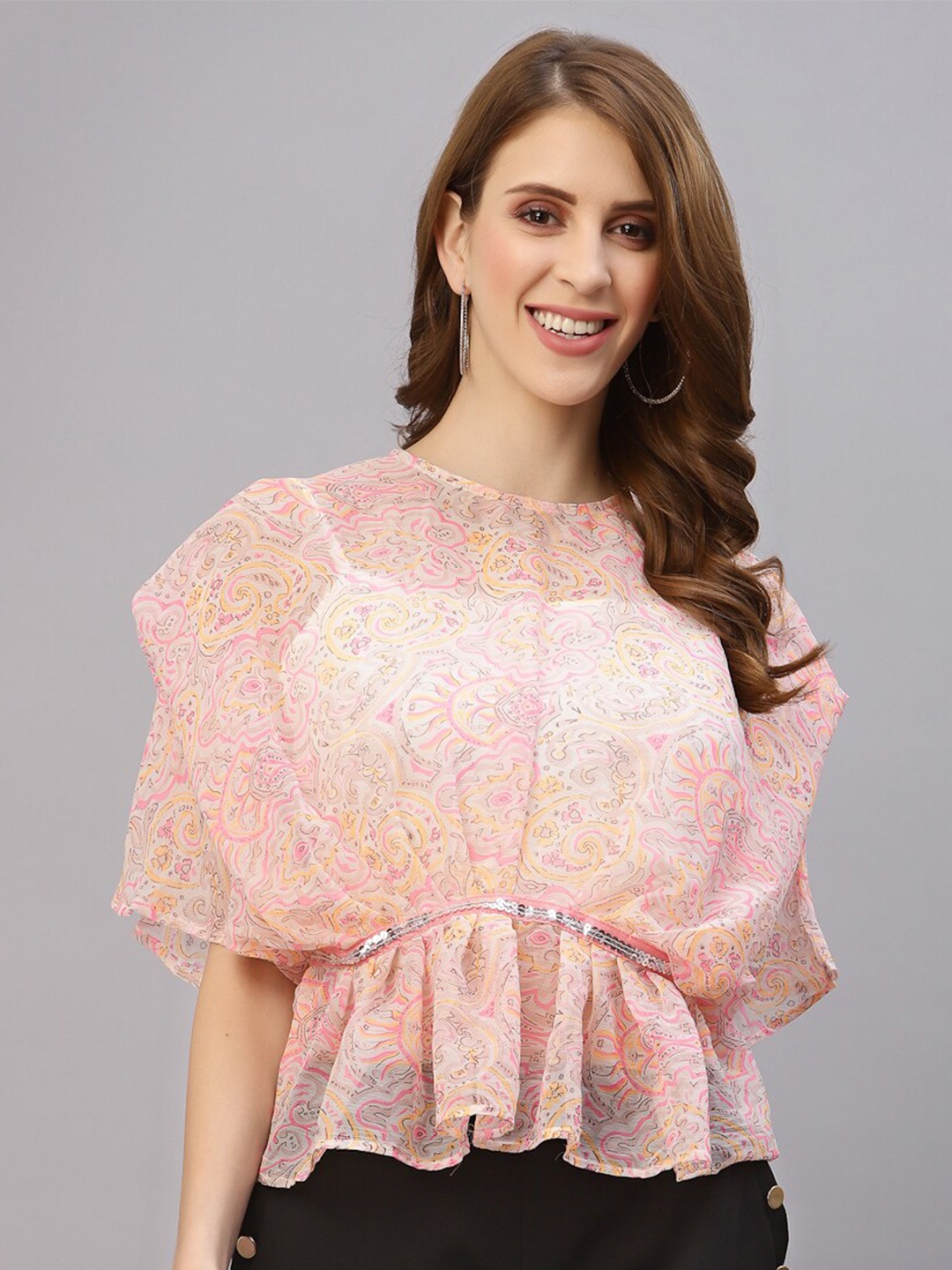 

RAASSIO Multicoloured Floral Print Chiffon Styled Back Top, Multi