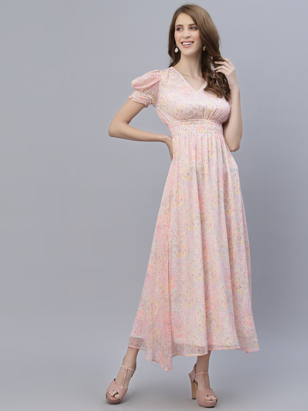 

RAASSIO Multicoloured Ethnic Motifs Chiffon Maxi Dress, Multi