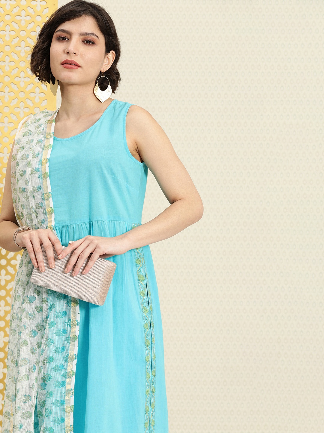 

House of Pataudi Women Turquoise Blue Pleated Pure Cotton Rozana Kurta Set