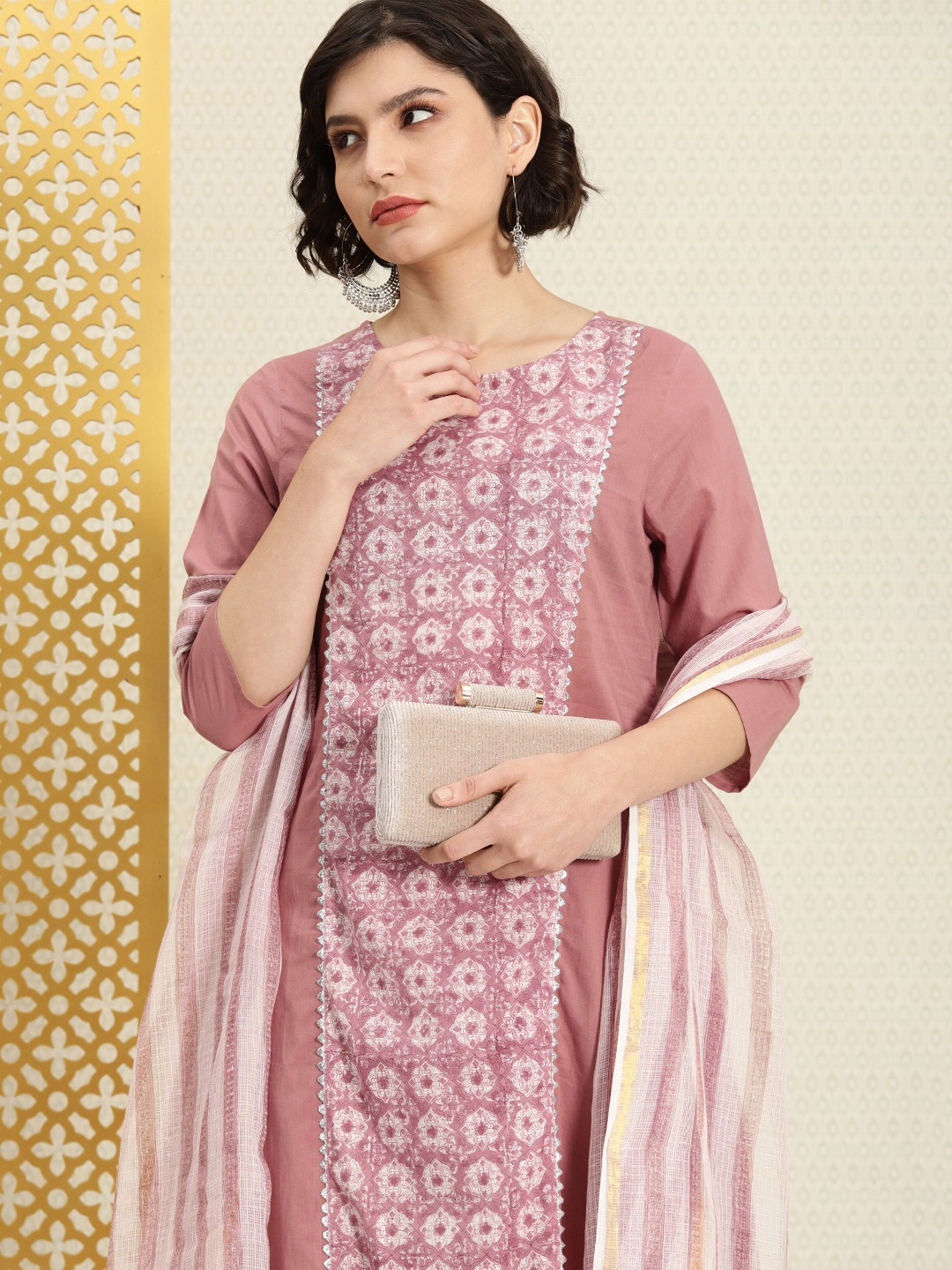 

House of Pataudi Women Mauve Ethnic Motifs Printed Panelled Pure Cotton Rozana Kurta Set