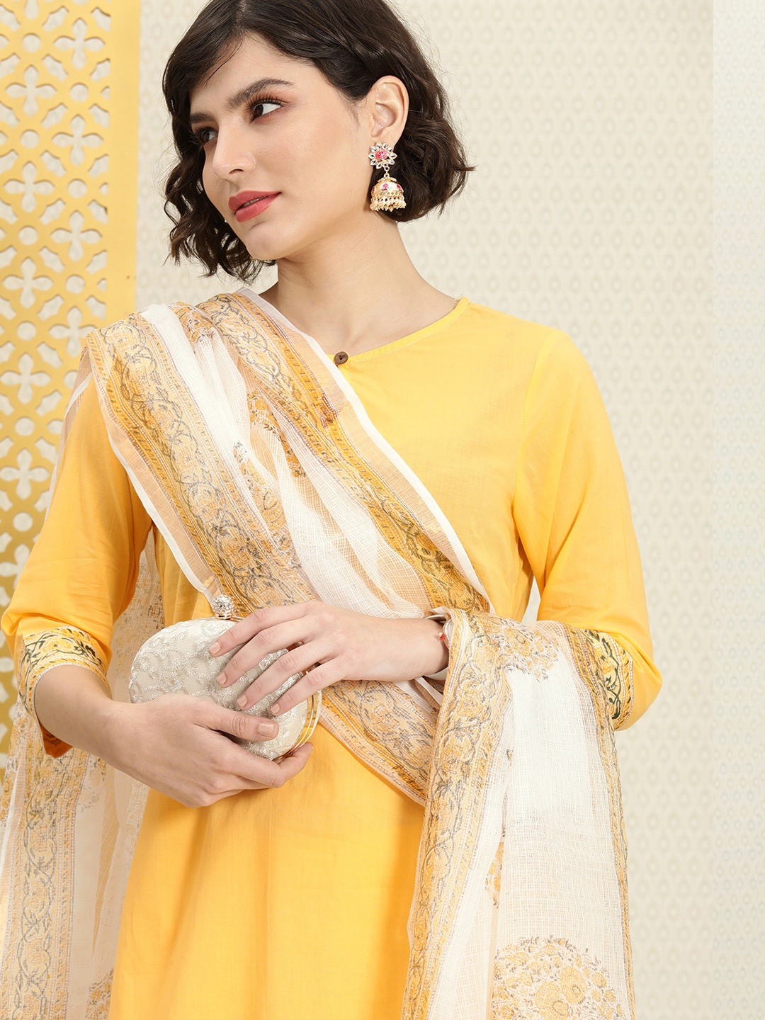 

House of Pataudi Women Yellow Rozana Pure Cotton Kurta with Trousers & With Dupatta