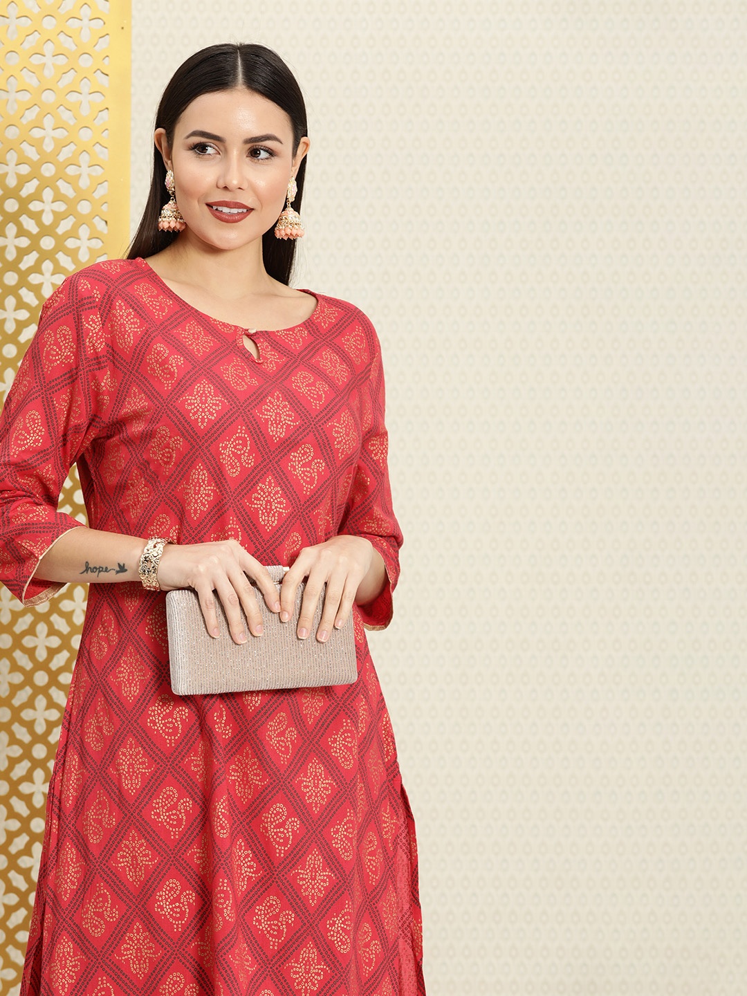 

House of Pataudi Women Red & Gold-Toned Bandhani Printed Rozana Kurta