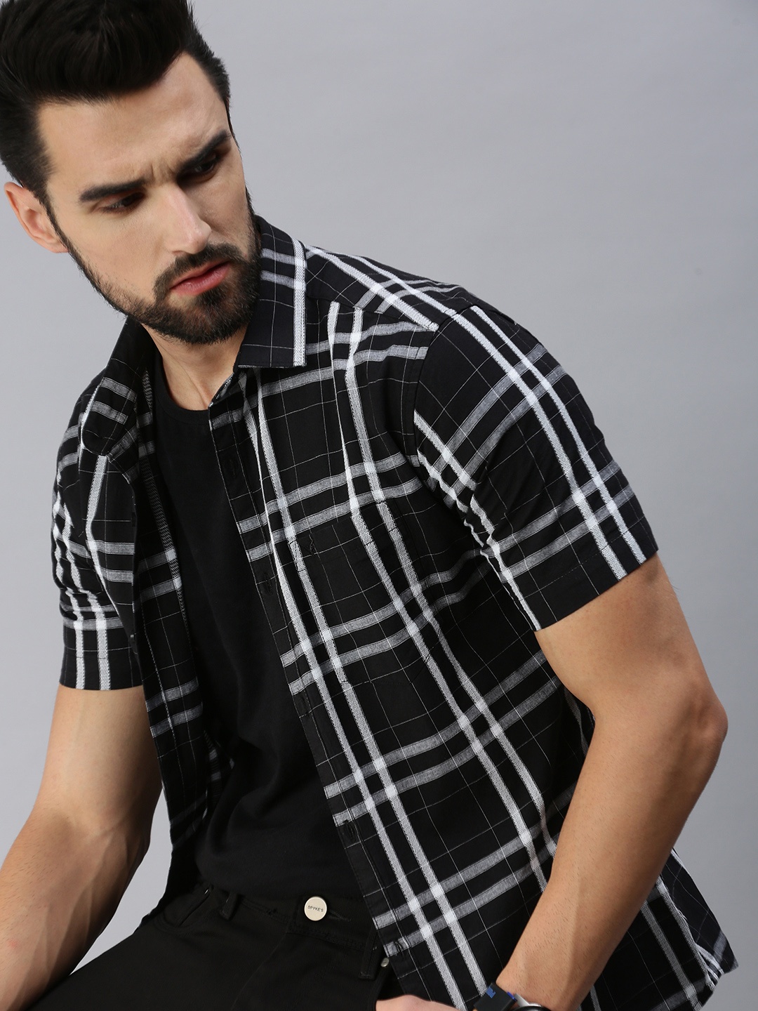 

SHOWOFF Men Black Premium Slim Fit Tartan Checks Checked Casual Shirt