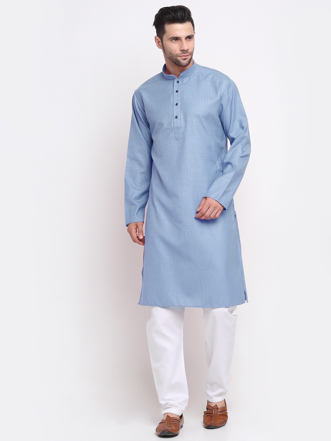 

KRAFT INDIA Men Blue & White Striped Pure Cotton Kurta with Pyjamas