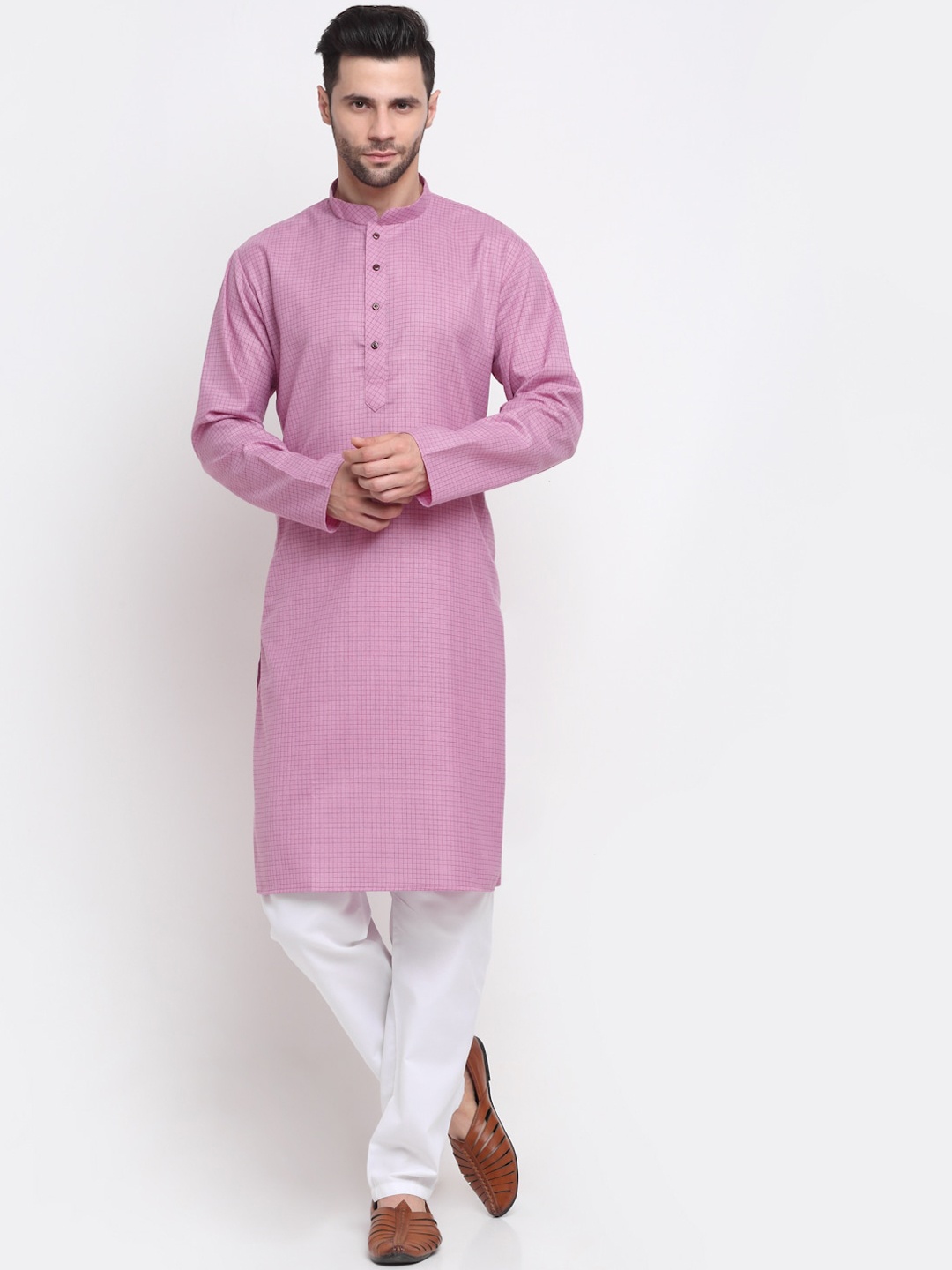 

KRAFT INDIA Men Purple & White Checked Pure Cotton Kurta with Pyjamas