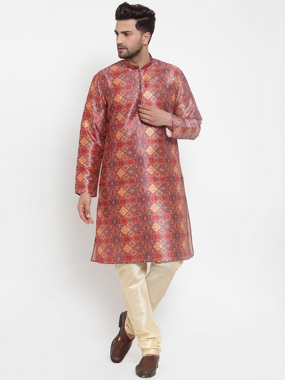 

KRAFT INDIA Men Orange Printed Tussar Silk Kurta with Churidar