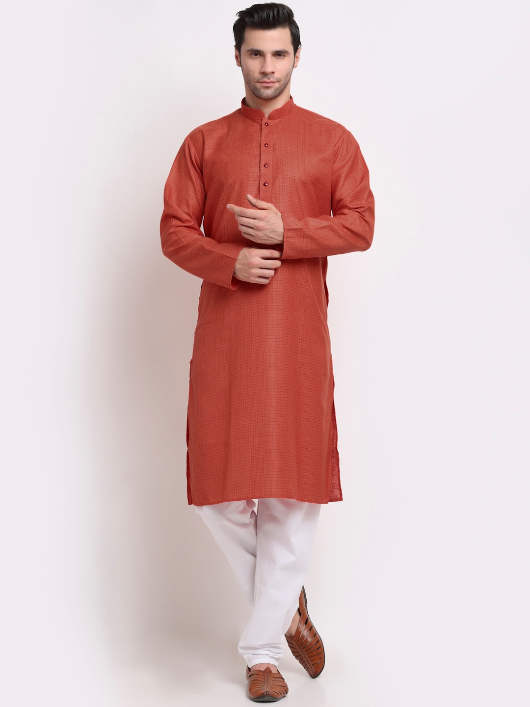 

KRAFT INDIA Men Rust & White Checked Pure Cotton Kurta with Pyjamas