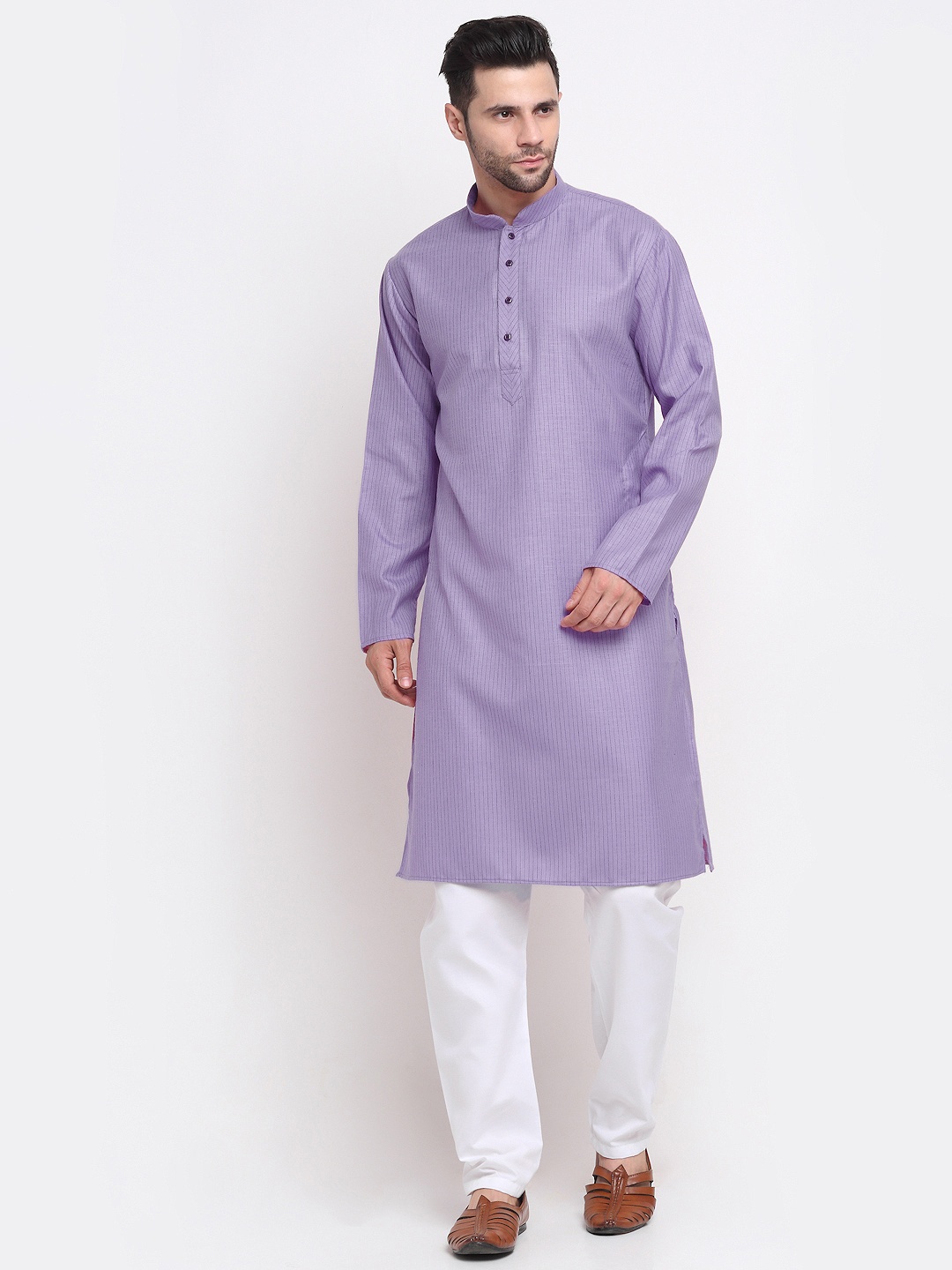 

KRAFT INDIA Men Purple & White Striped Pure Cotton Kurta with Pyjamas