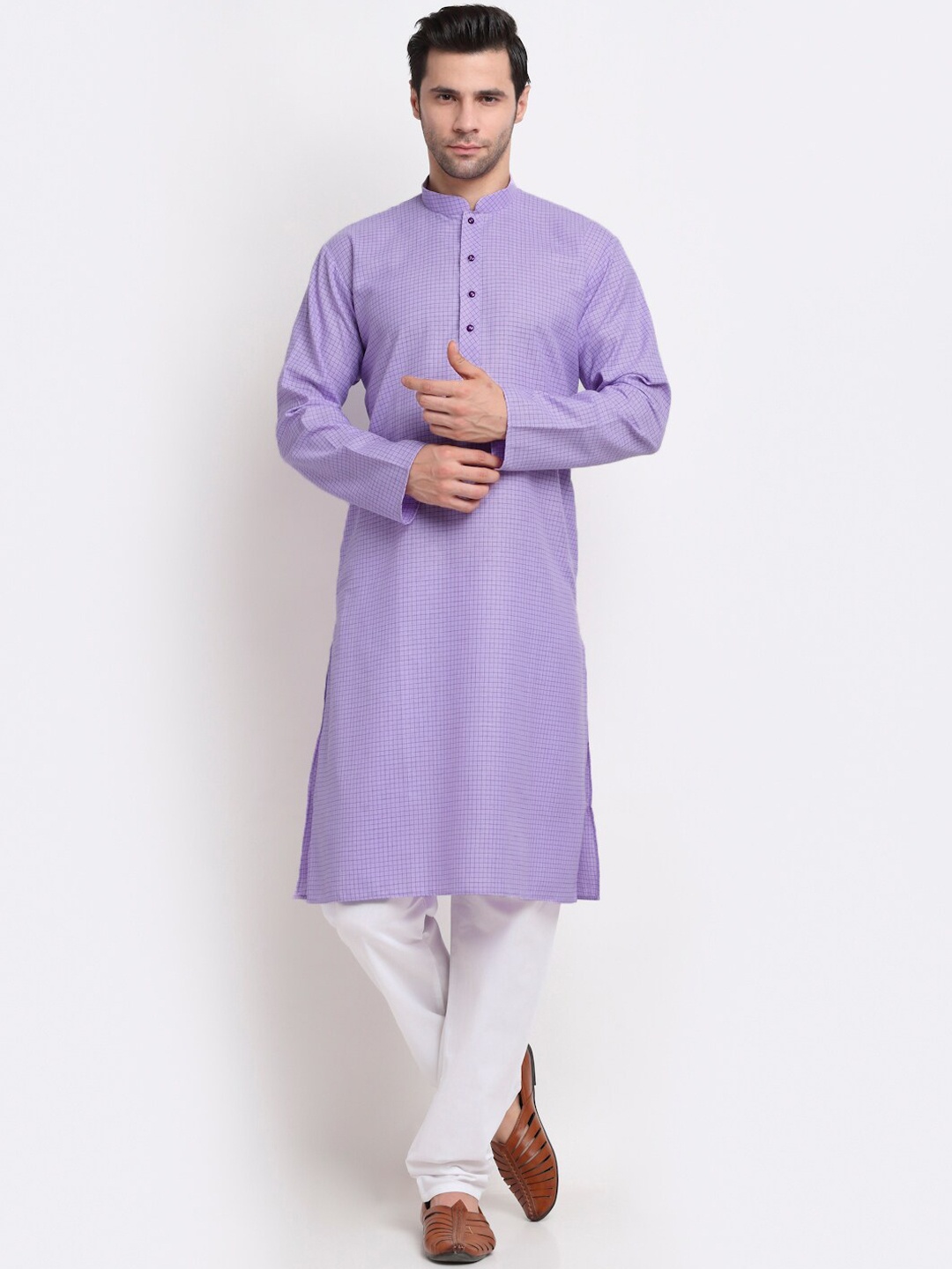 

KRAFT INDIA Men Purple & White Checked Pure Cotton Kurta with Pyjamas