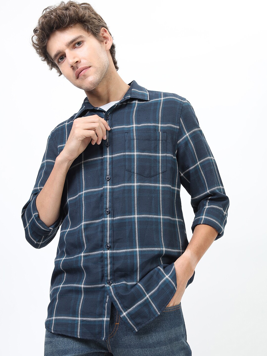 

KETCH Men Navy Blue Slim Fit Windowpane Checks Checked Casual Shirt