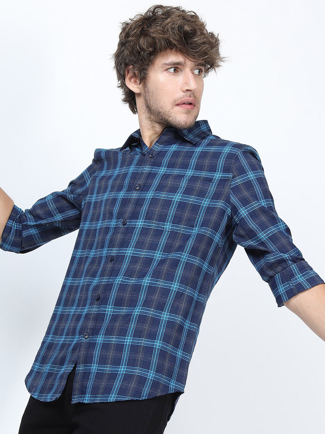 

KETCH Men Navy Blue Slim Fit Tartan Checks Checked Casual Shirt