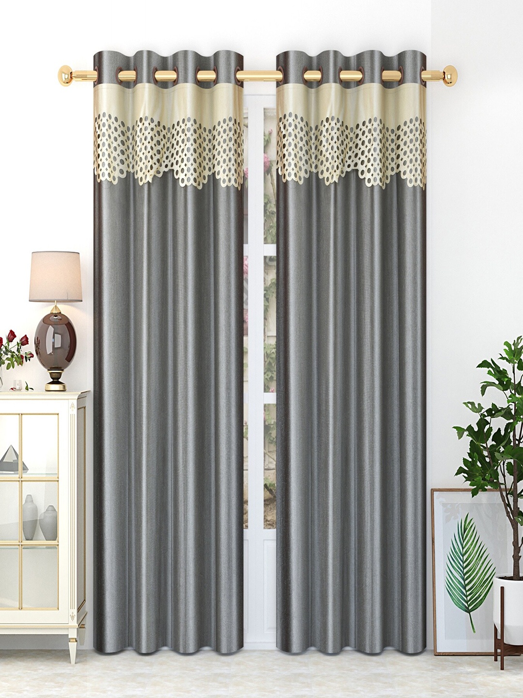 

Homefab India Grey & Beige Set of 2 Solid Door Curtain