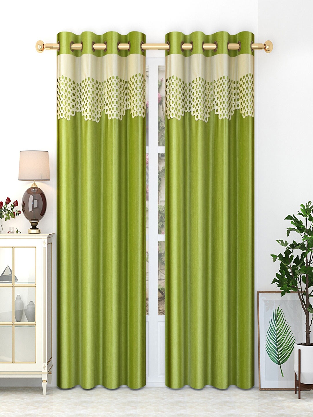 

Homefab India Green & Beige Set of 2 Long Door Curtain