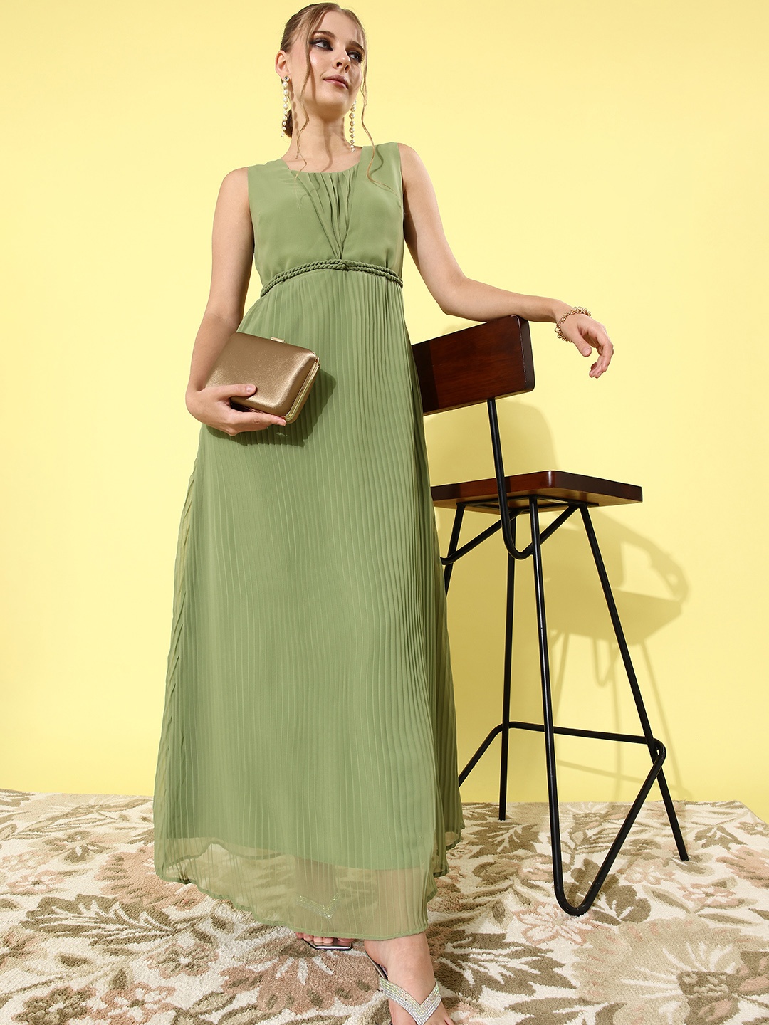 

MISH Women Sea Green Solid Pleated Form Dress