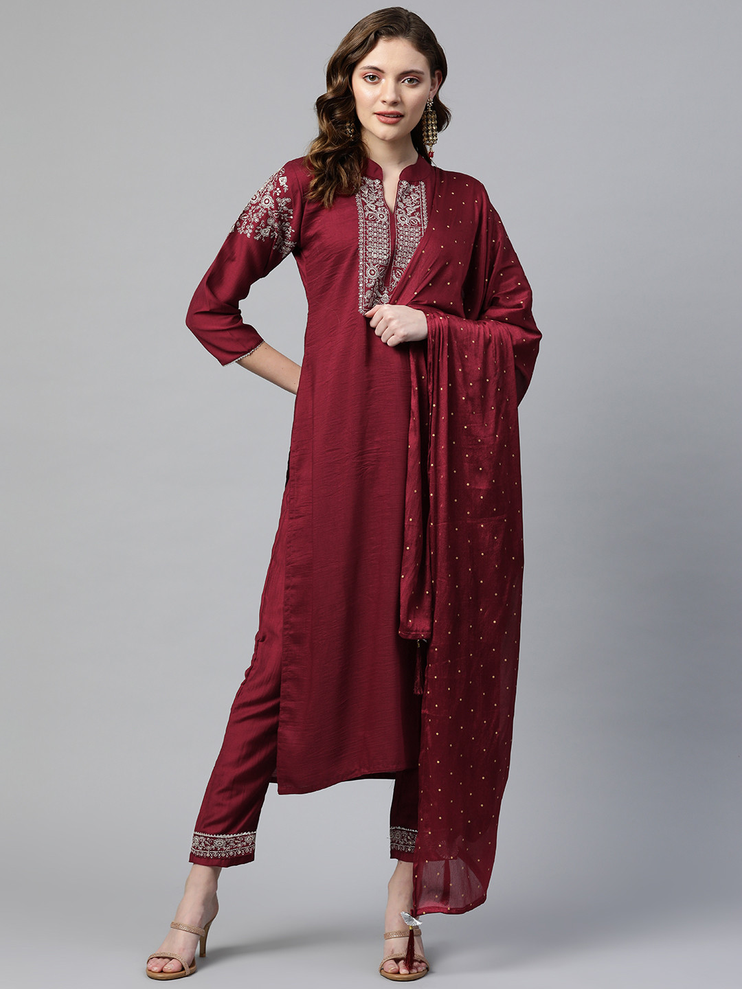 

SheWill Women Maroon Ethnic Motifs Yoke Design Thread Work Kurta with Trousers & With Dupatta