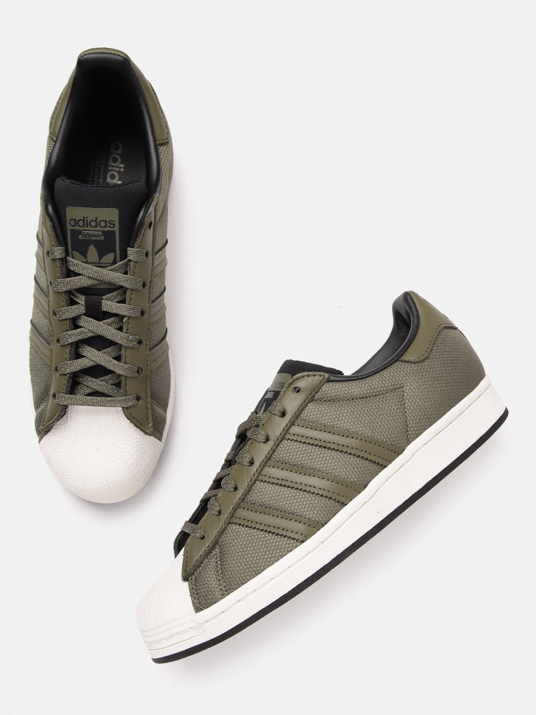 

ADIDAS Originals Men Olive Green & White Colourblocked & Woven Design Superstar Sneakers