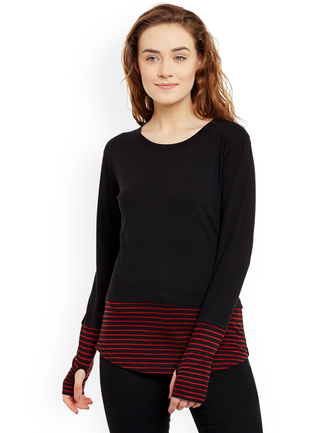 

Hypernation Women Black & Red Striped Round Neck T-shirt
