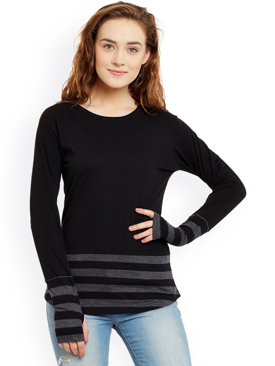 

Hypernation Women Black & Grey Striped Round Neck T-shirt