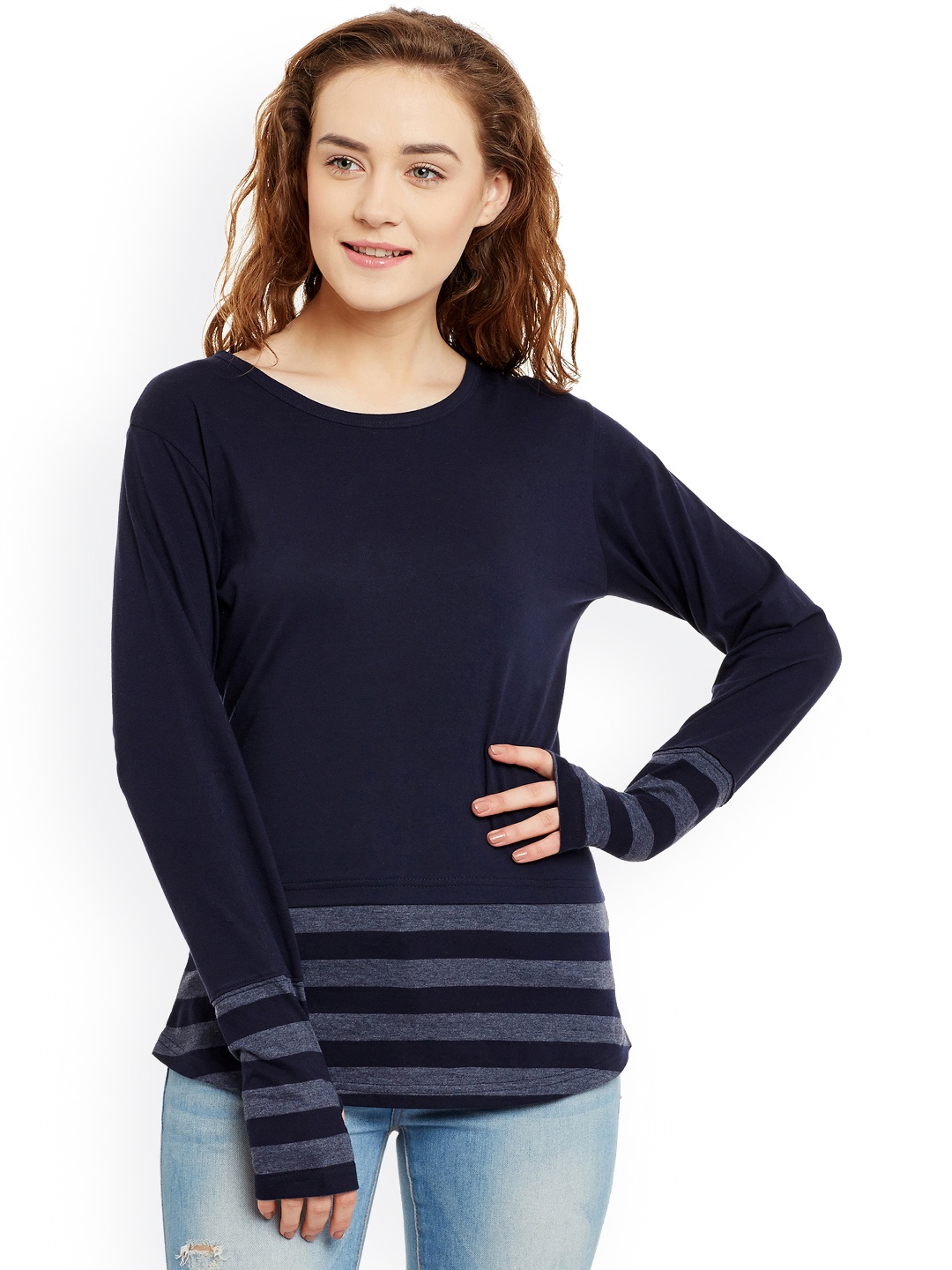 

Hypernation Women Blue & Grey Striped Round Neck T-shirt