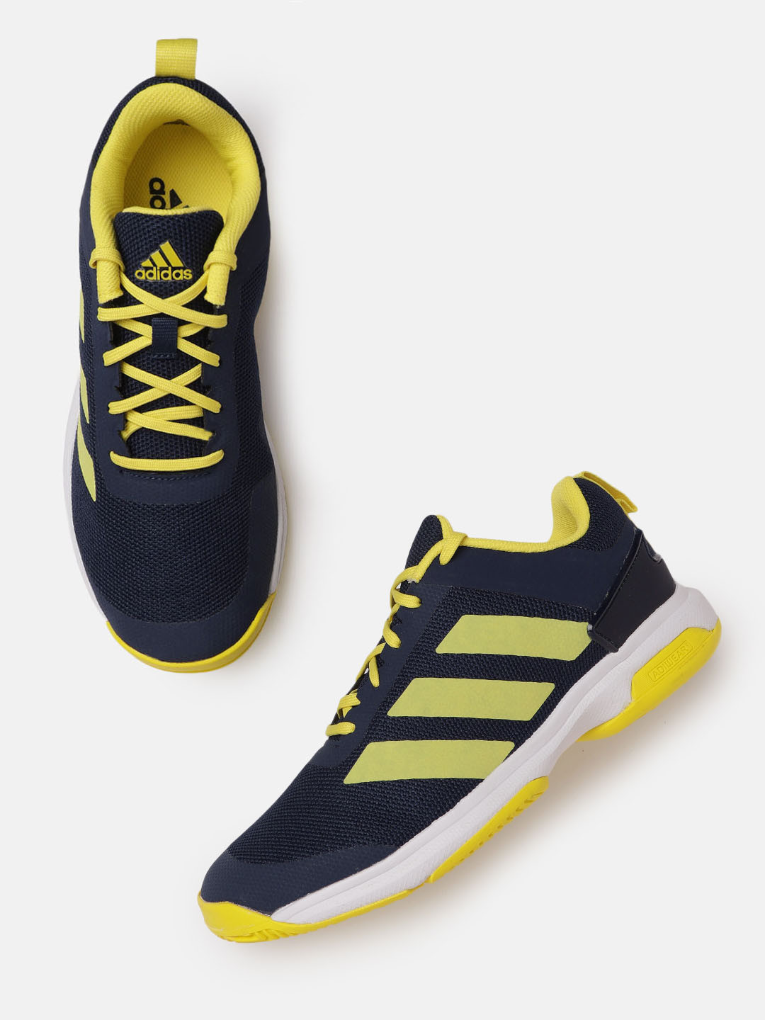 

ADIDAS Men Navy Blue & Yellow Woven Design Tens Top Shoes