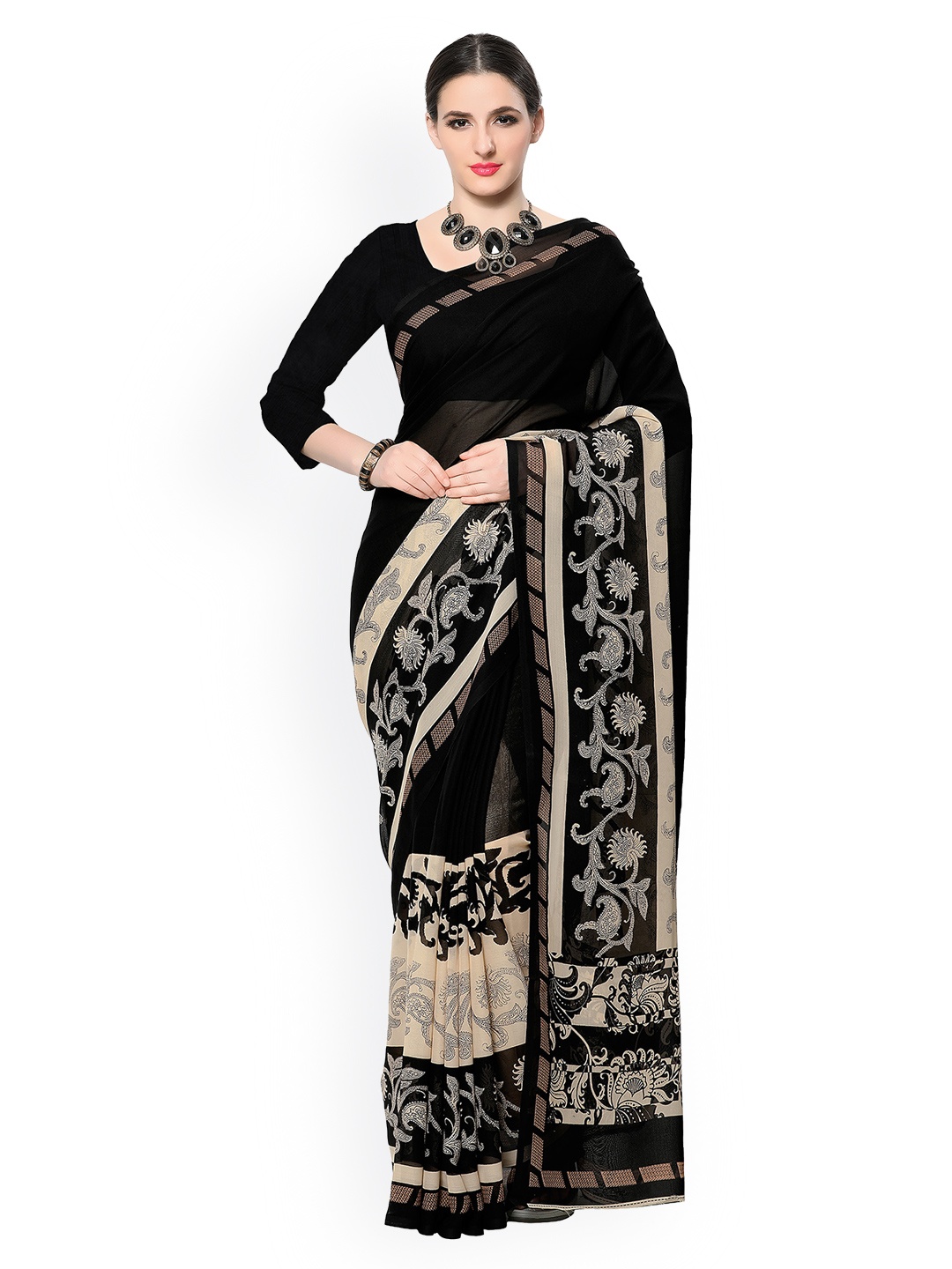 

Ishin Black Printed Poly Georgette Saree