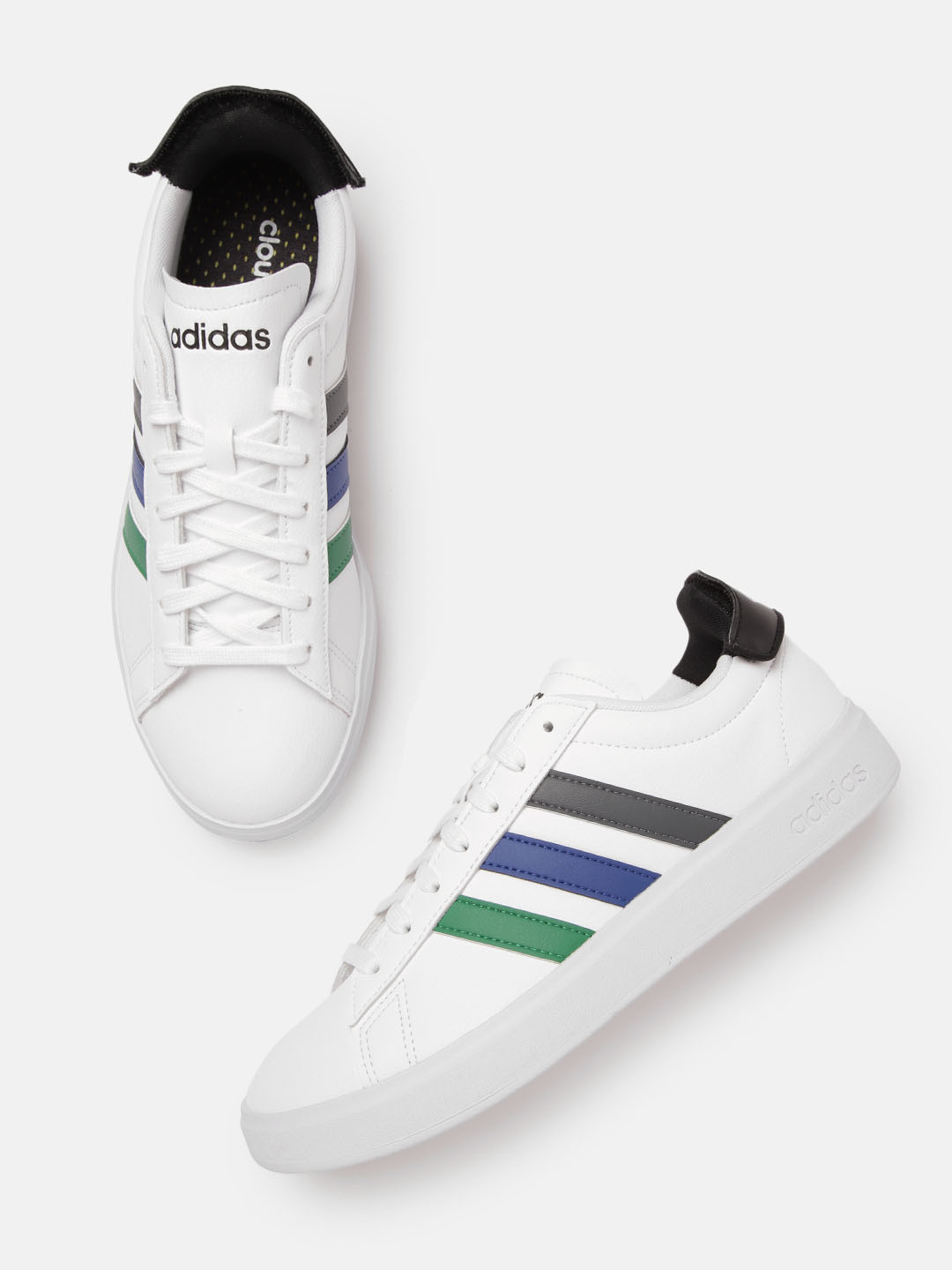 

ADIDAS Men White & Green Striped & Perforated Grand Court 2.0 Tennis Shoes