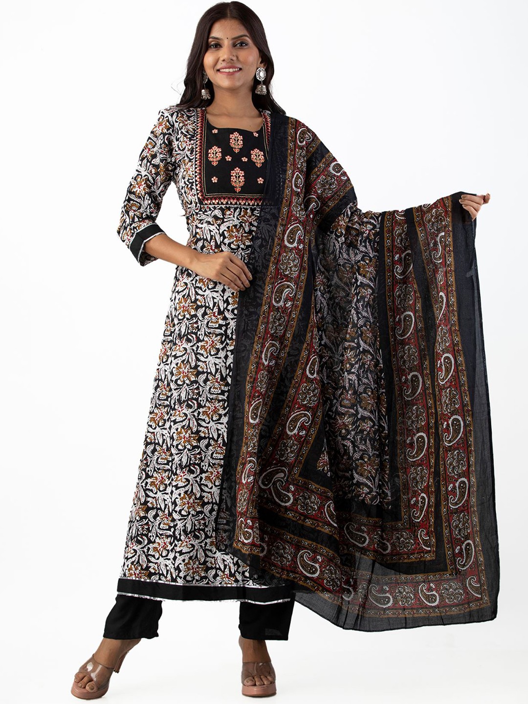 

KALINI Women Black Printed Panelled Pure Cotton Kurta with Trousers