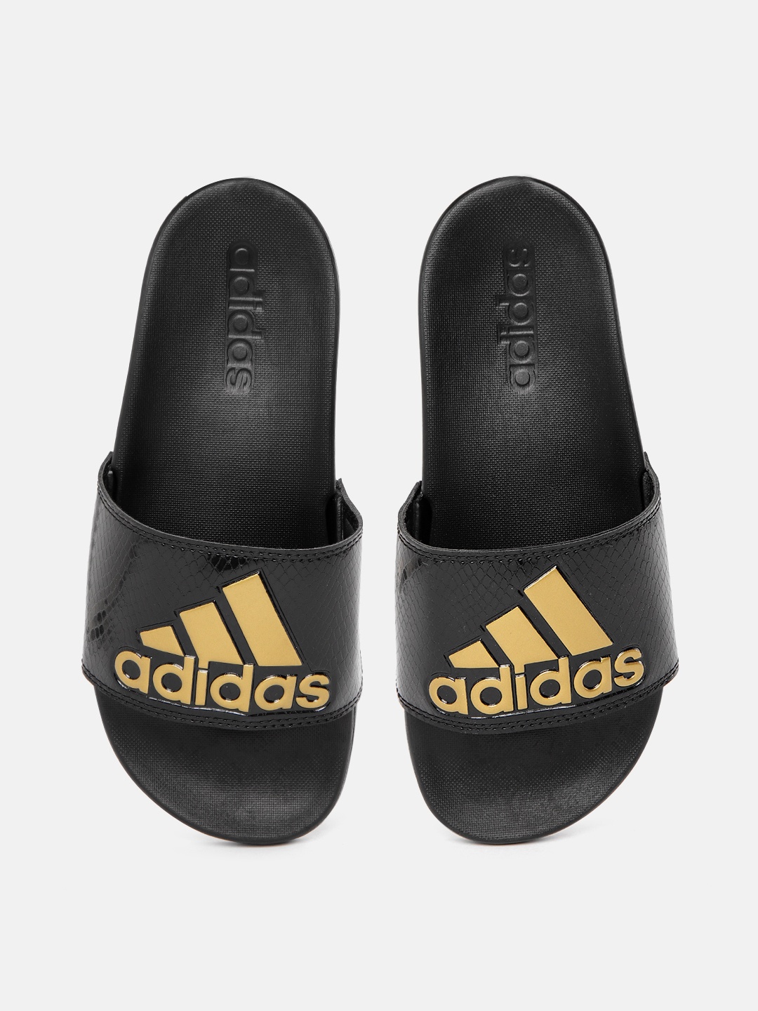 ADIDAS Women Black & Gold-Toned Brand Logo Printed Sliders
