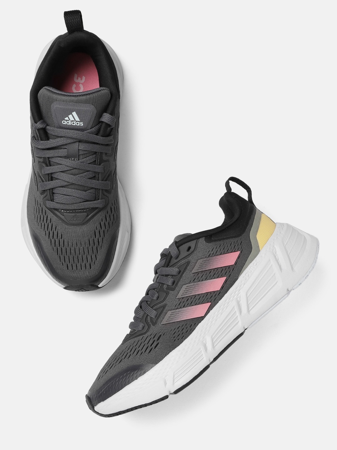 

ADIDAS Women Charcoal Grey & Pink Woven Design Questar Running Shoes
