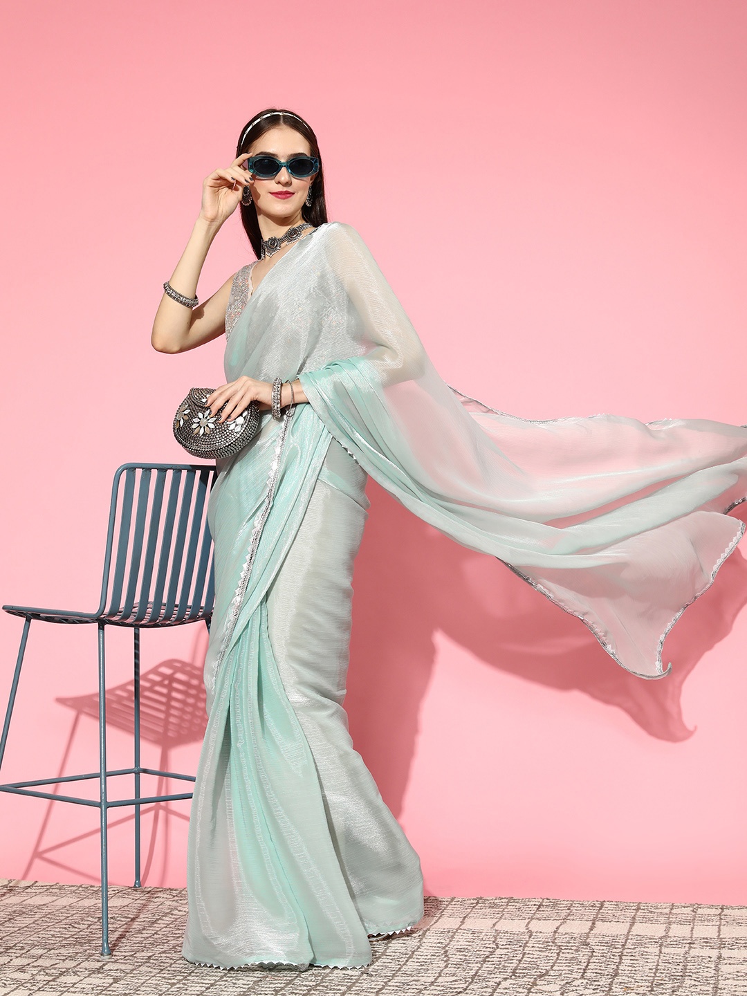 

Kvsfab Blue Shimmer Sequinned Organza Saree