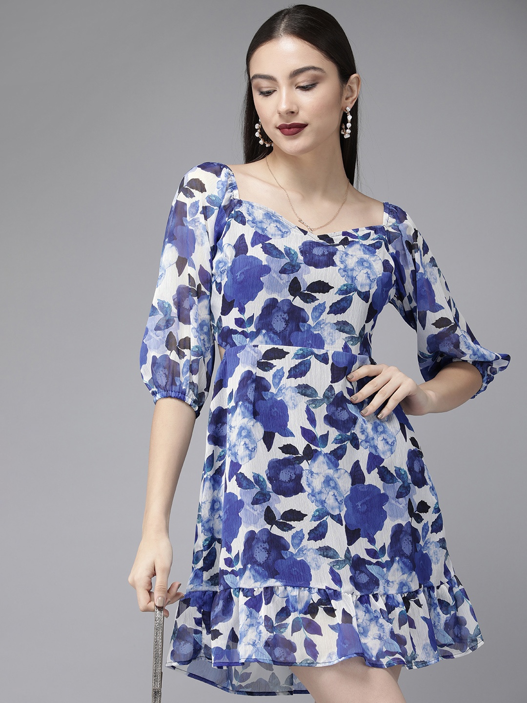 

MISH Blue & White Floral Georgette A-Line Mini Dress