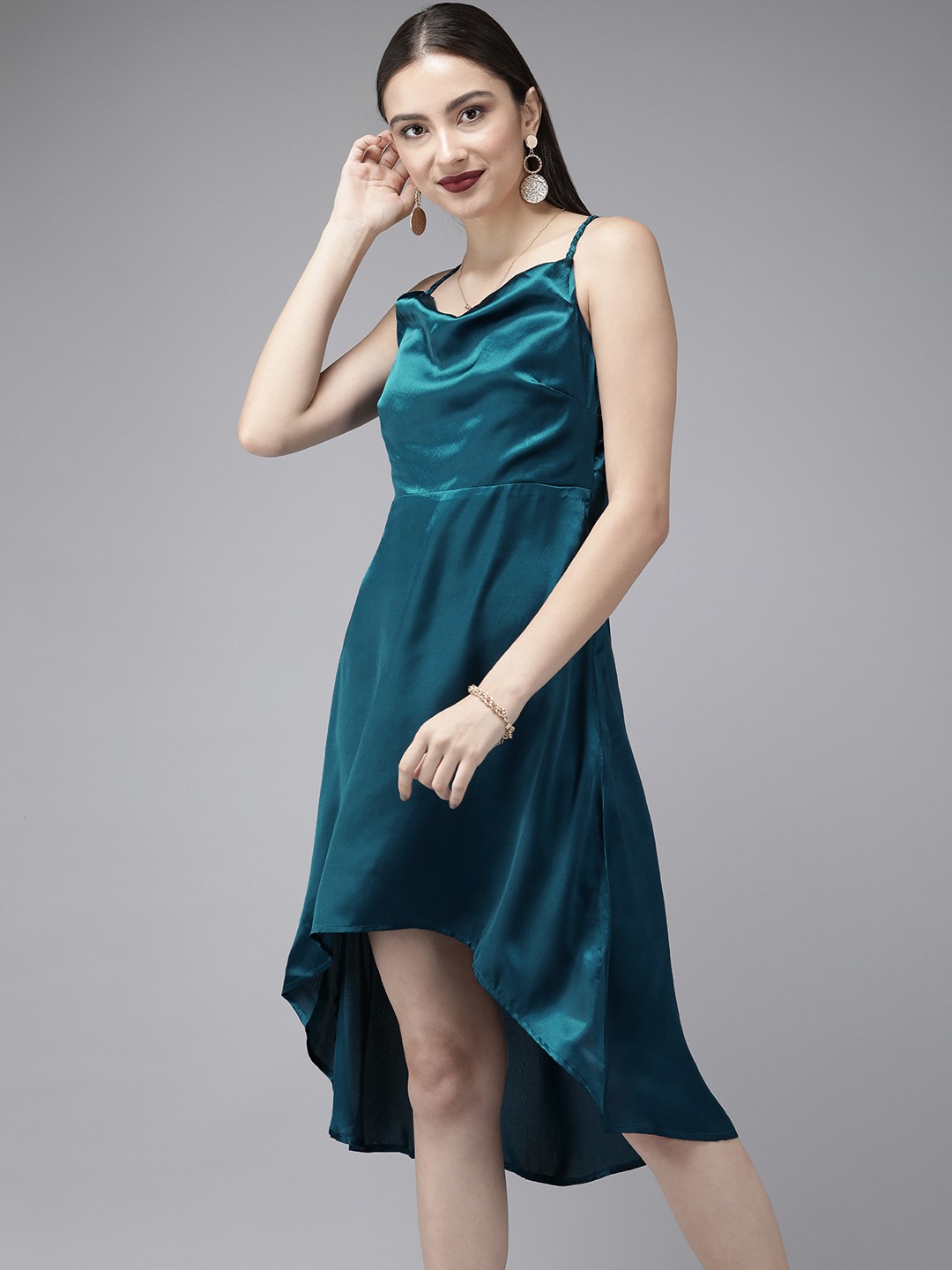 

MISH Teal Cowl Neck Satin A-Line Dress