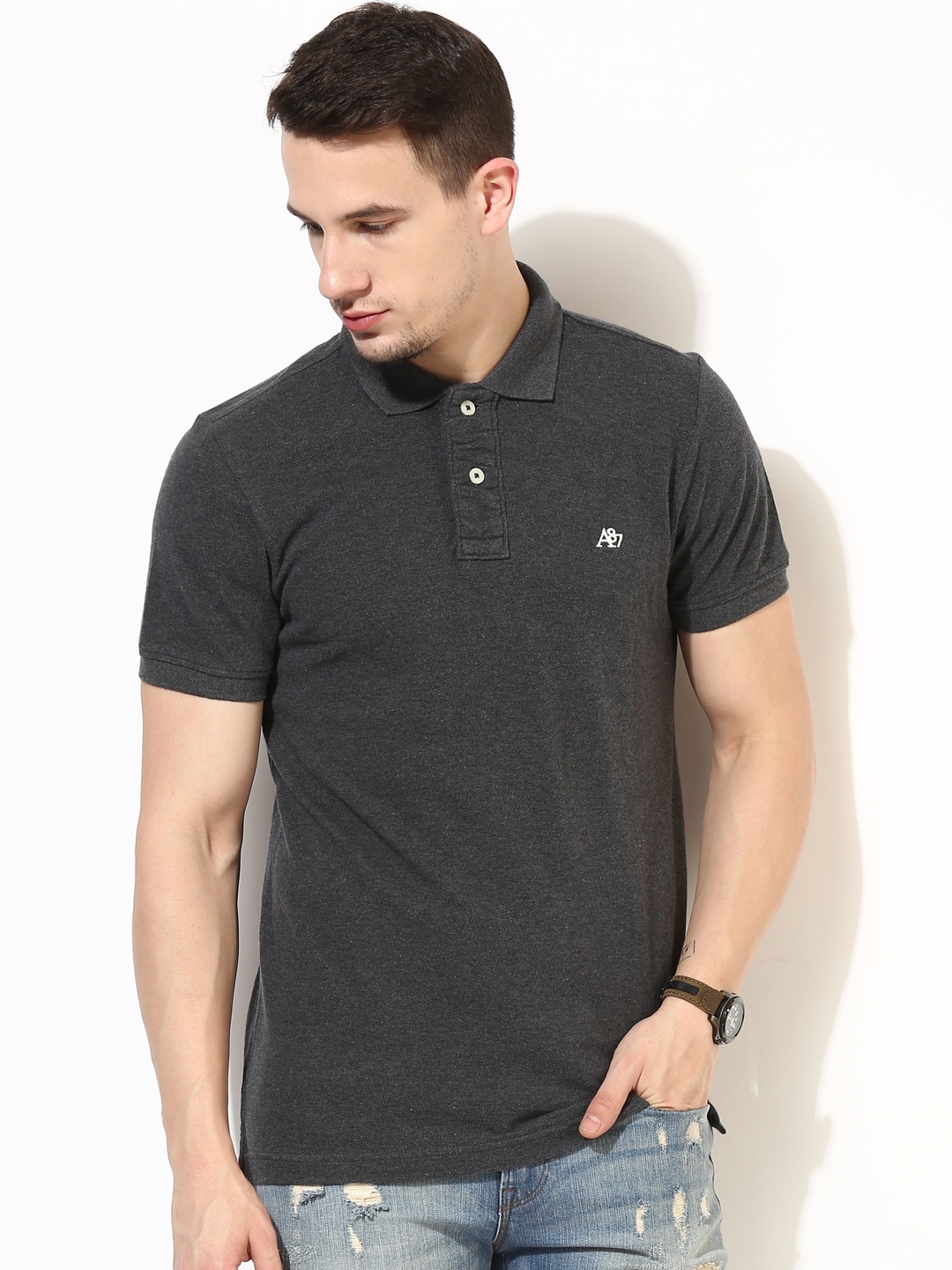 

Aeropostale Men Charcoal Grey Solid Polo Collar Pure Cotton T-shirt