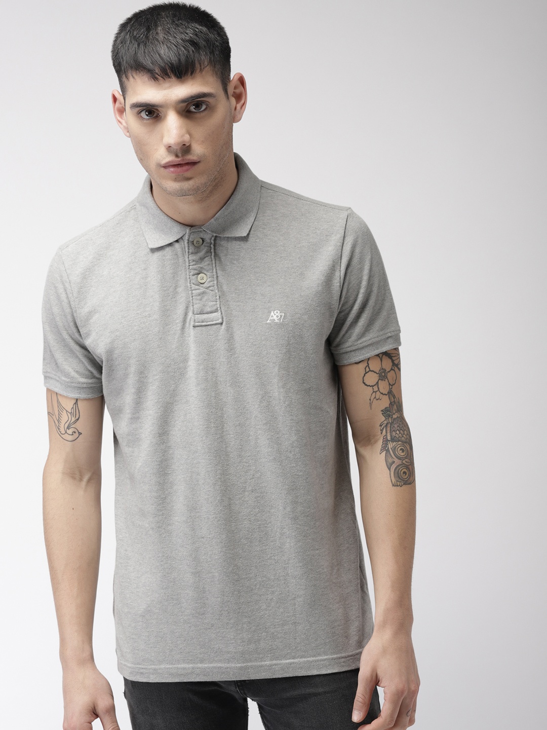 

Aeropostale Men Grey Melange Solid Polo Pure Cotton T-shirt