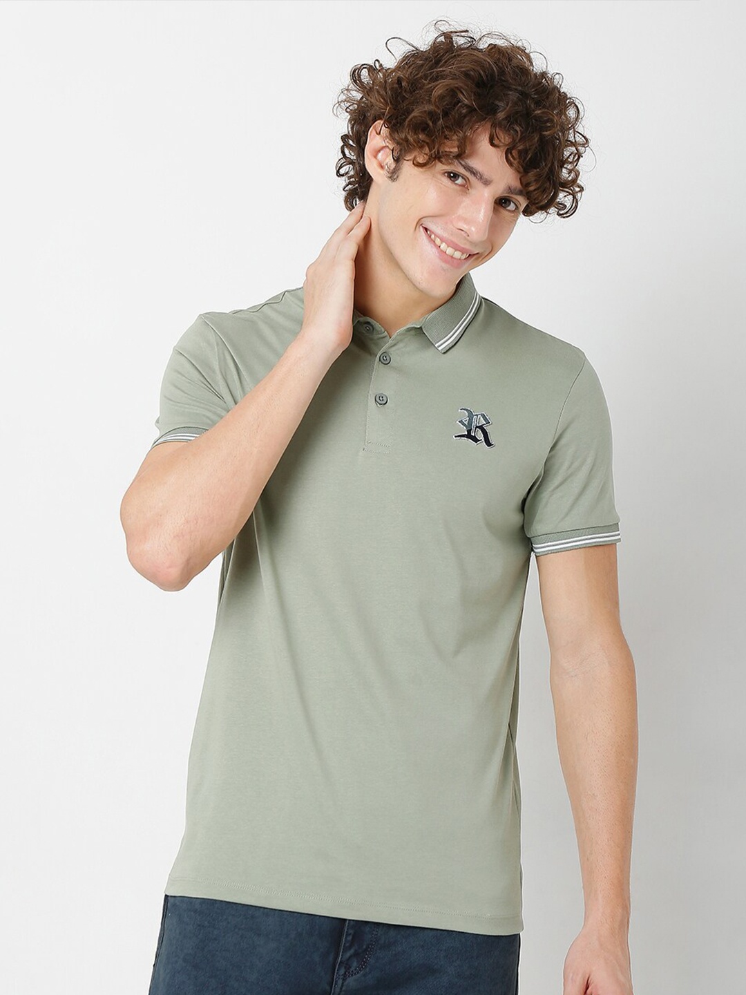 

Rex Straut Jeans Men Olive Green Henley Neck Slim Fit T-shirt