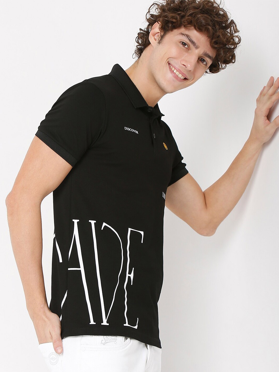 

Rex Straut Jeans Men Black Typography Printed Polo Collar Slim Fit Cotton T-shirt