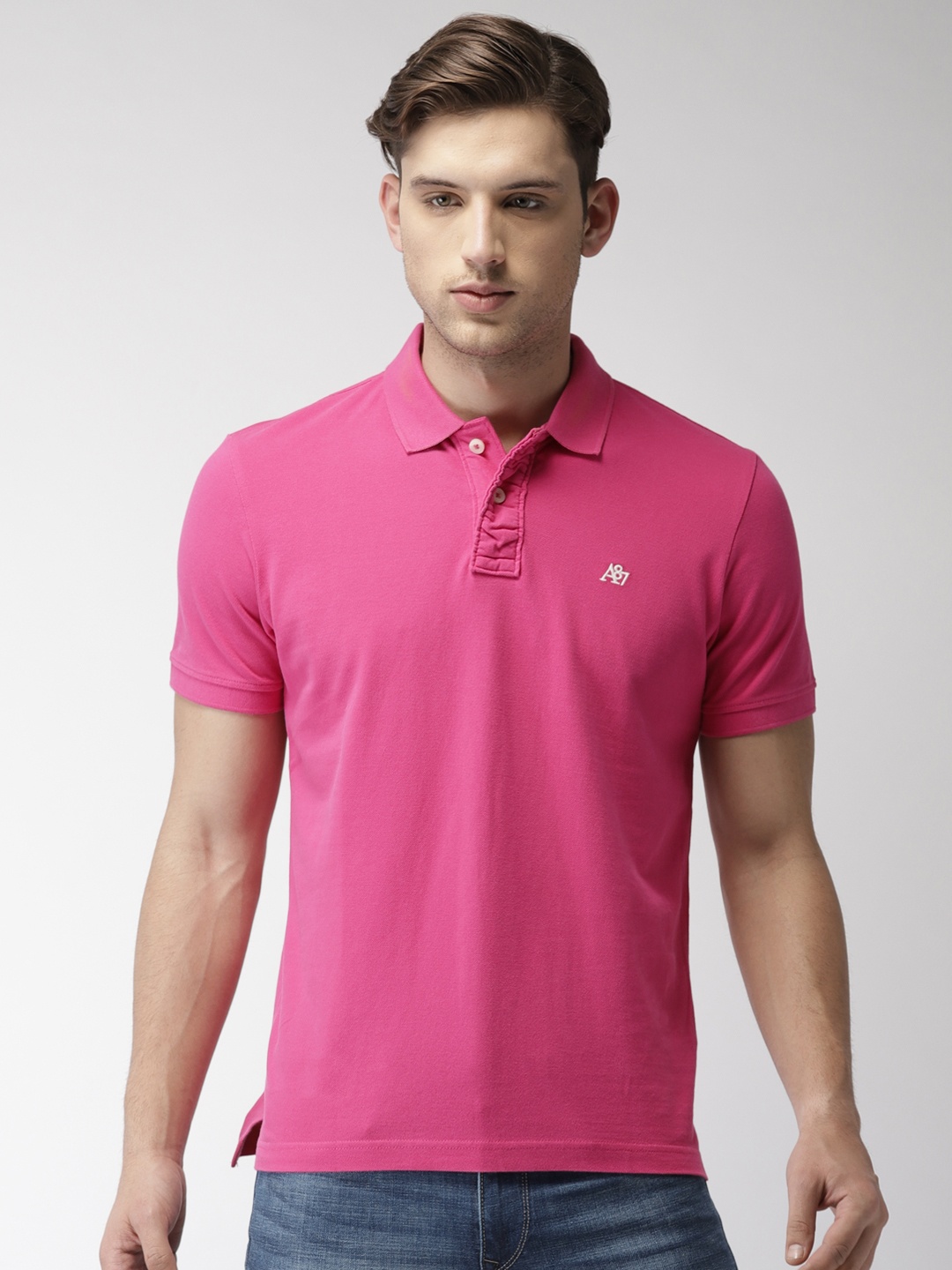 

Aeropostale Pink Solid Polo Collar Pure Cotton T-shirt