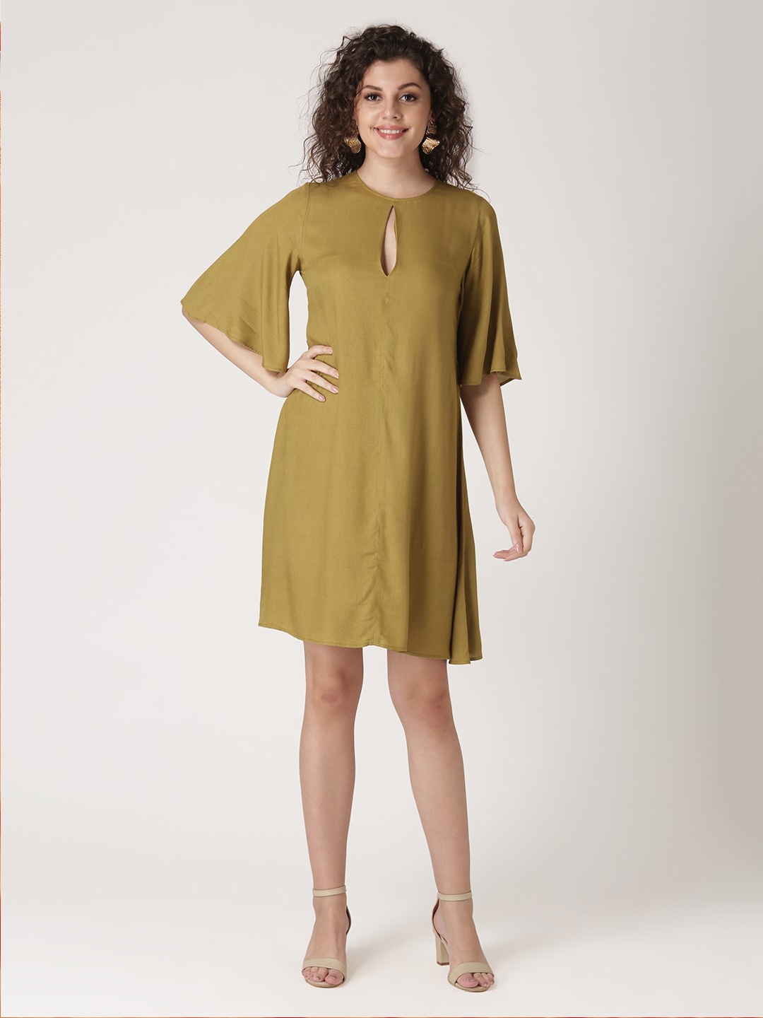 

DIVA WALK EXCLUSIVE Olive Green Keyhole Neck A-Line Dress