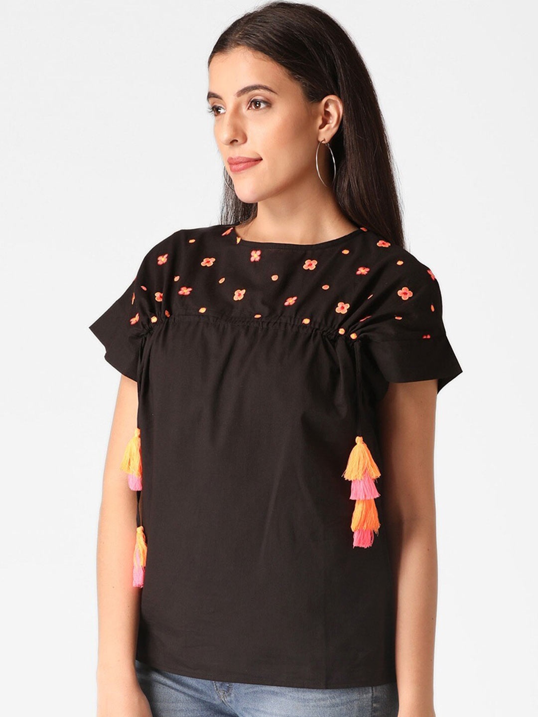 

DIVA WALK EXCLUSIVE Black Floral Embroidered Pure Cotton Top