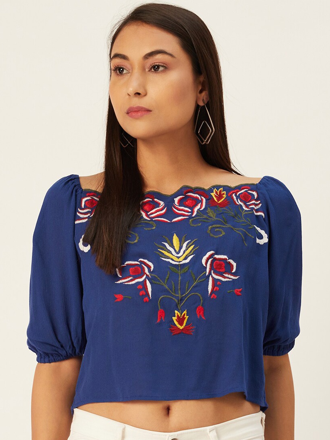 

DIVA WALK EXCLUSIVE Navy Blue Floral Embellished Boxy Crop Top