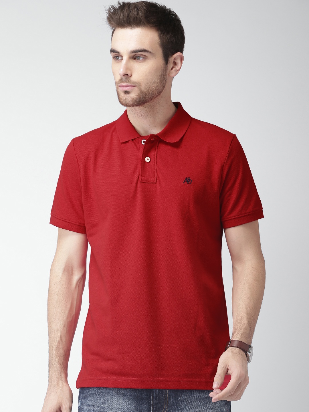 

Aeropostale Red Solid Polo Collar Pure Cotton T-shirt