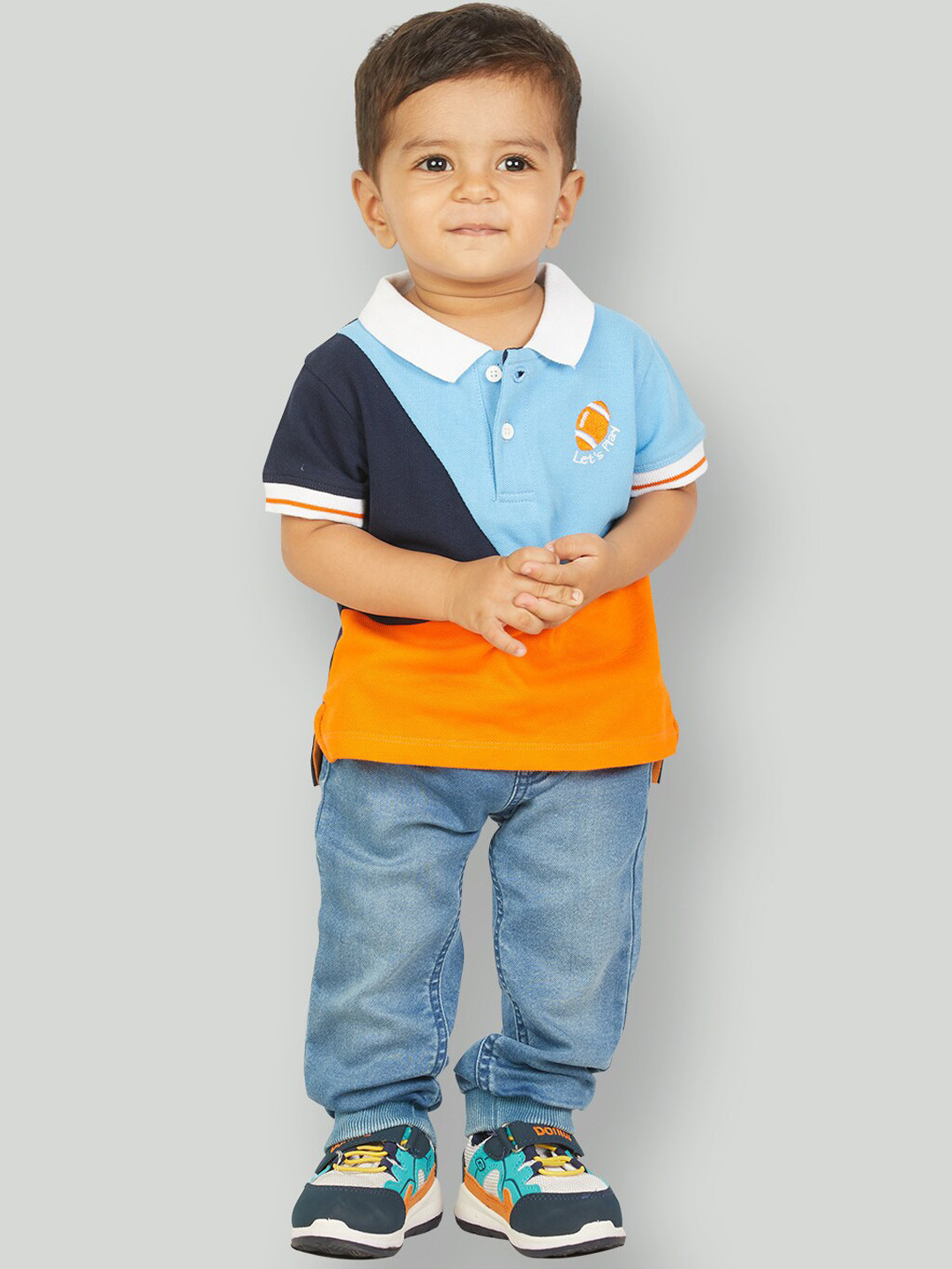 

Zalio Boys Blue & Orange Colourblocked Pure Cotton T-shirt with Trousers