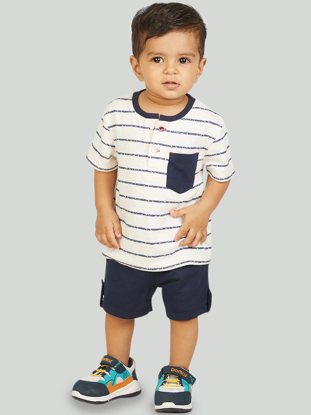 

Zalio Boys Cream-Coloured & Navy Blue Stripped Printed Pure Cotton T-shirt with Shorts