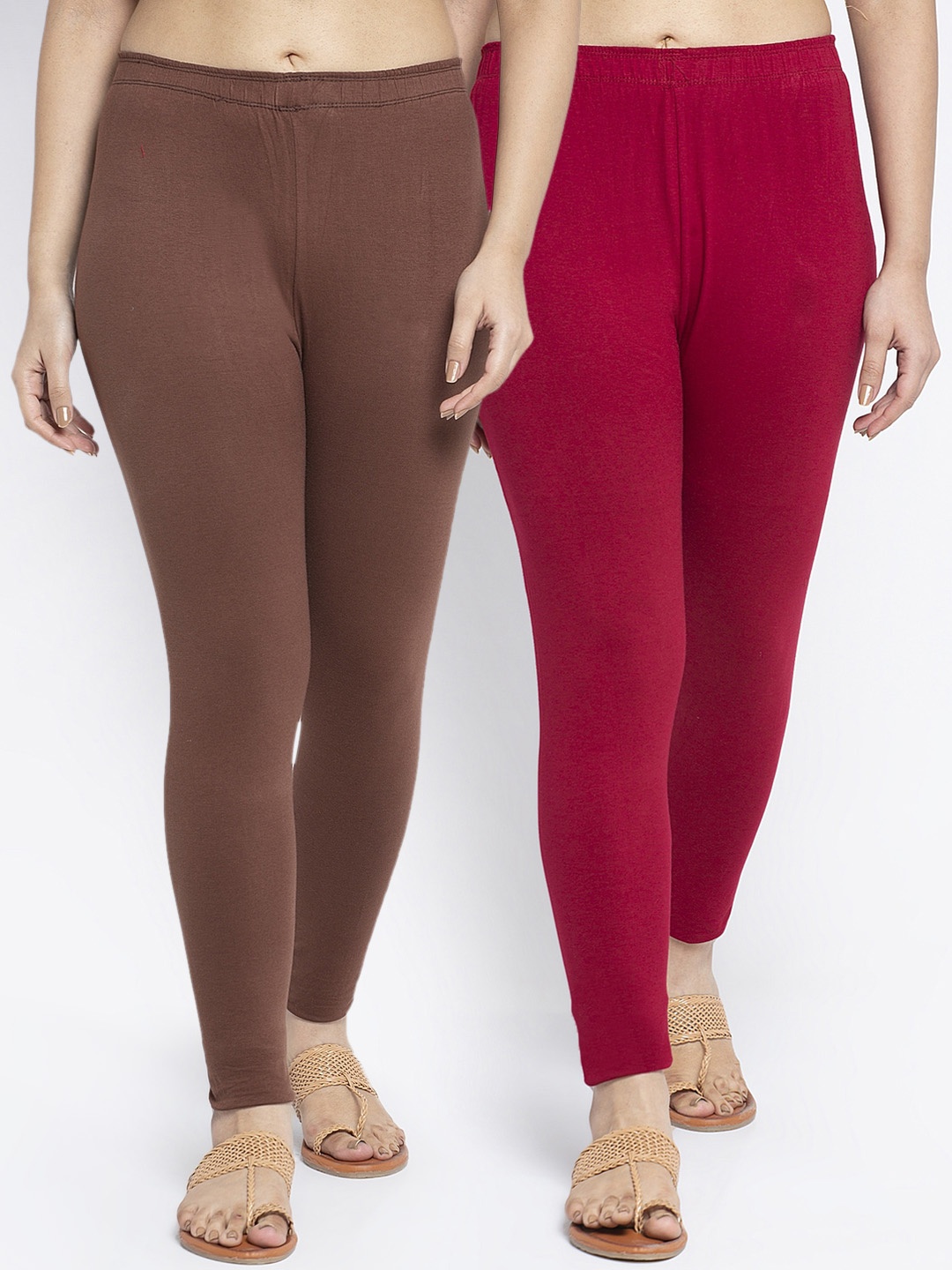 

Jinfo Women Pack Of 2 Solid Ankle-Length Leggings, Maroon