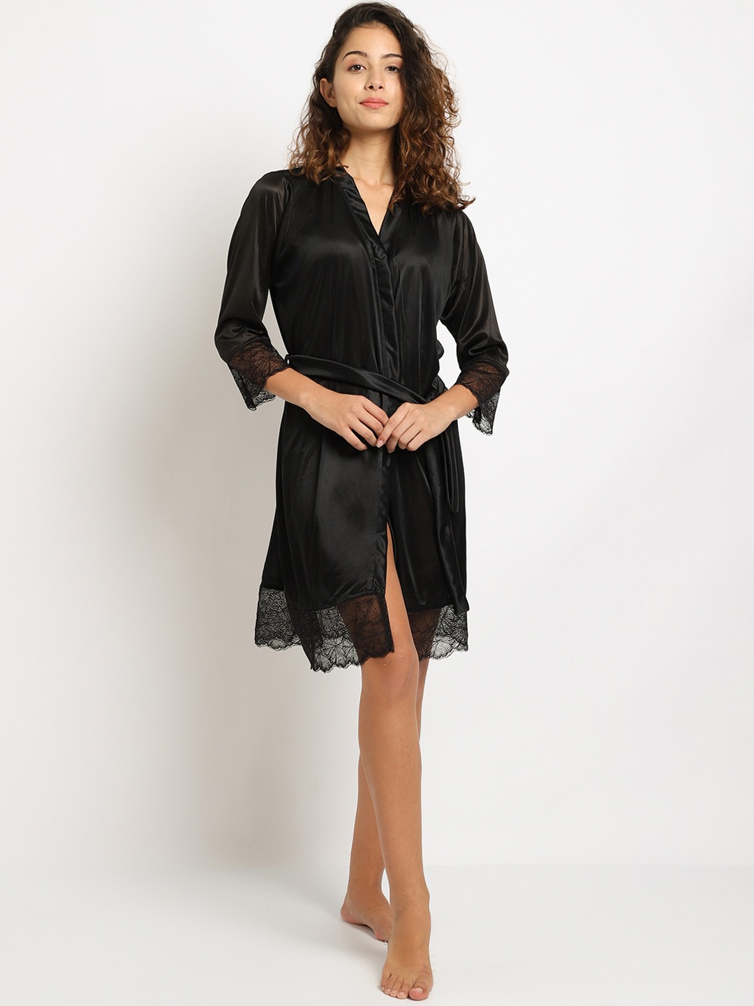 

ELEVANTO Women Black Solid Bath Robe With Belt