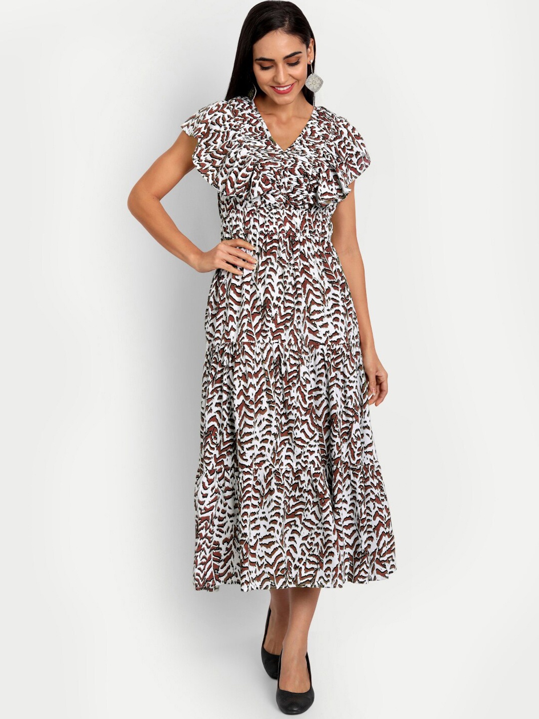 

MINGLAY Brown & White Animal Printed Empire Dress